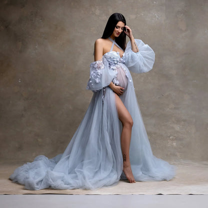 Fairy Blue Floral Matenity Dress Photoshoot Off Shoulder