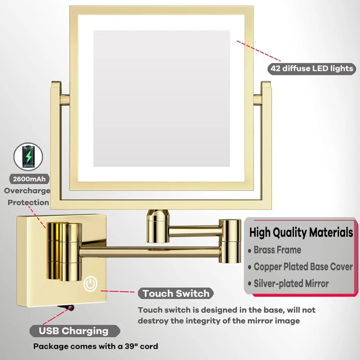 Square Touch Led Folding Bathroom Mirror 3x Magnifying