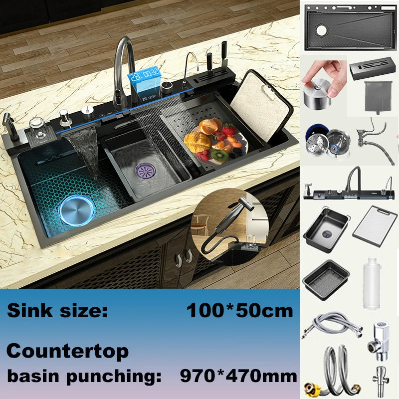 Stainless Steel Waterfall Sink Scratch Durable Resistant Large