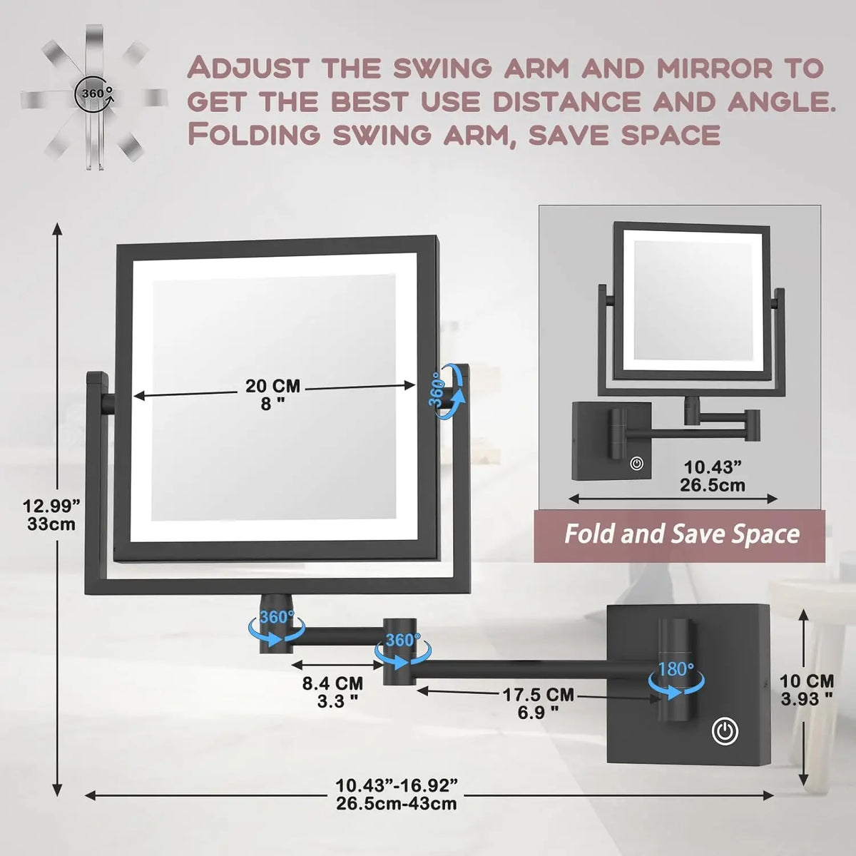 Square Touch Led Folding Bathroom Mirror 3x Magnifying