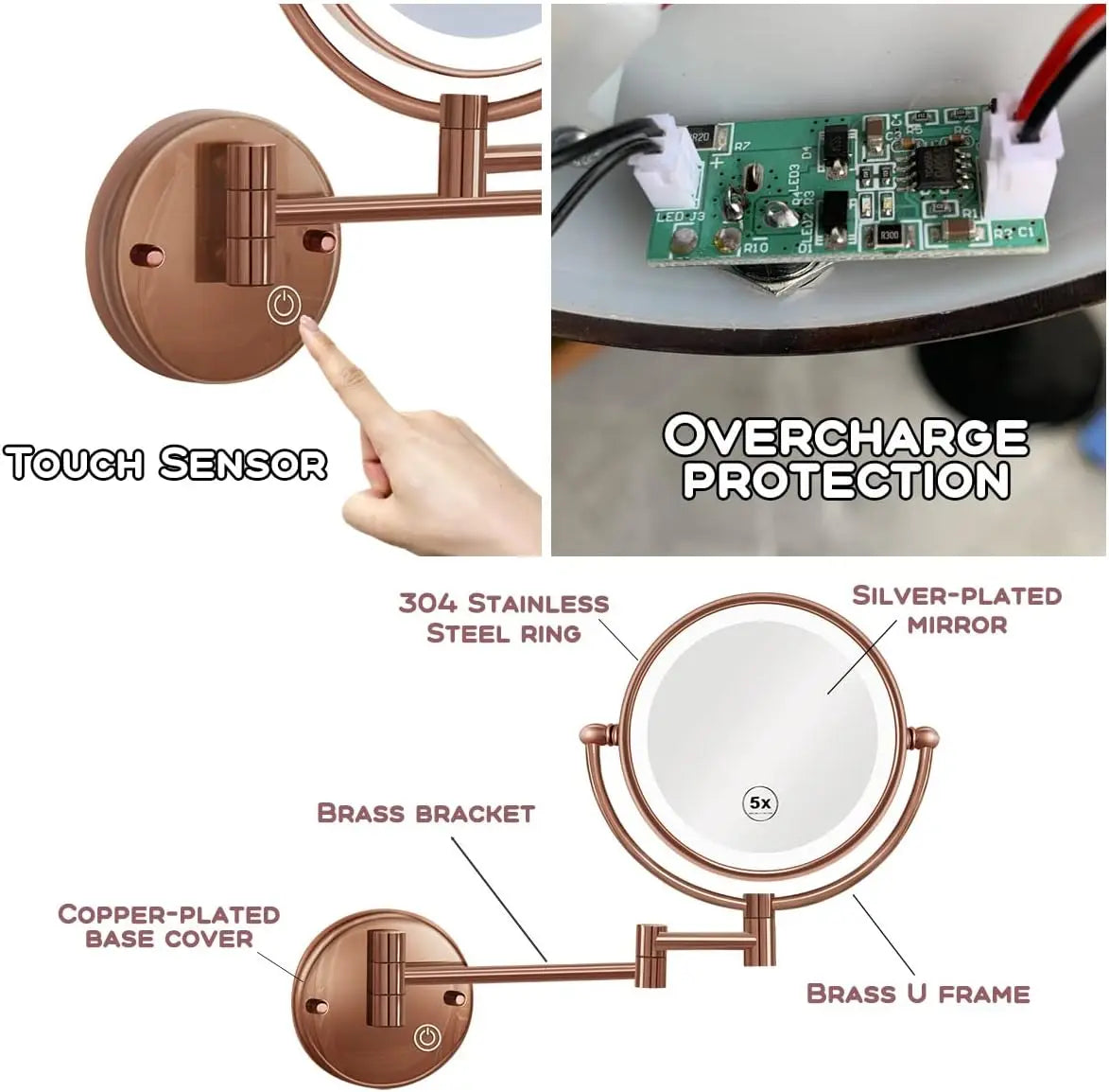 Rose Gold Touch On Led Folding Bathroom Mirror