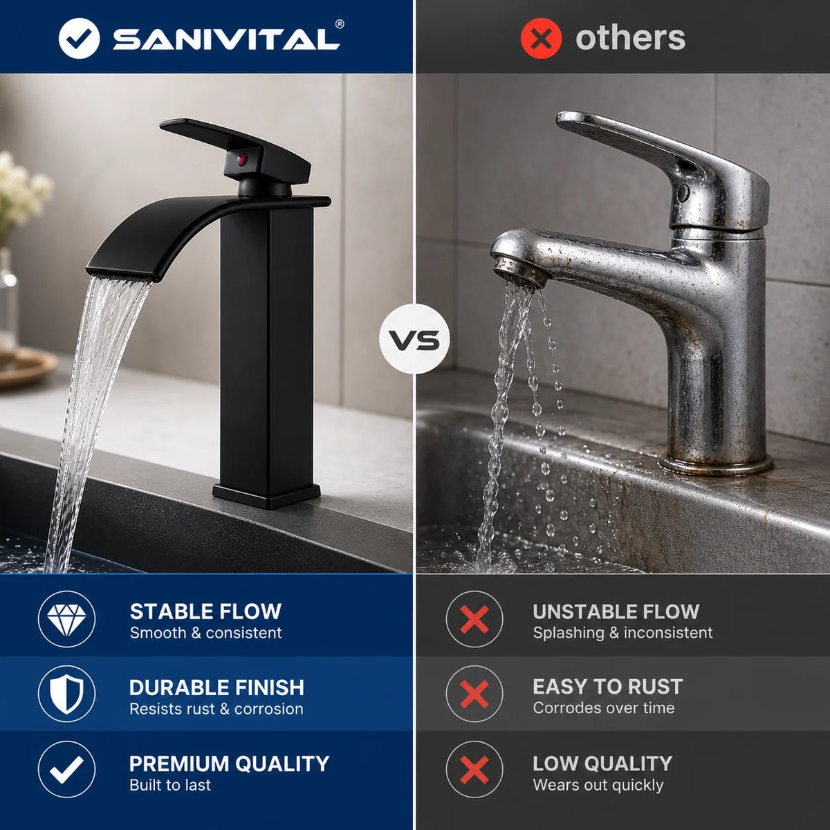 Sanivital Matte Black Stainless Steel Waterfall Bathroom Basin