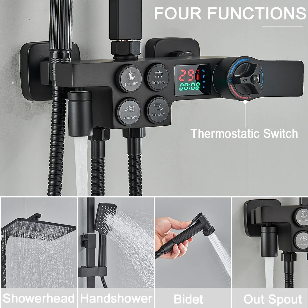 Black Thermostatic Lcd Shower Faucet Temperature Display Rainfall