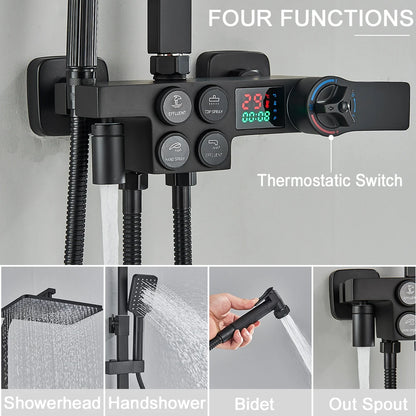 Black Thermostatic Lcd Shower Faucet Temperature Display Rainfall