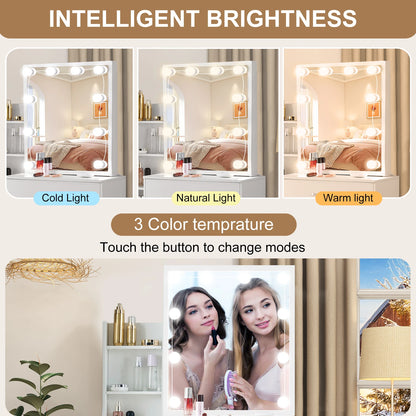 White Makeup Dressing Table W/ Lights Sliding Mirror