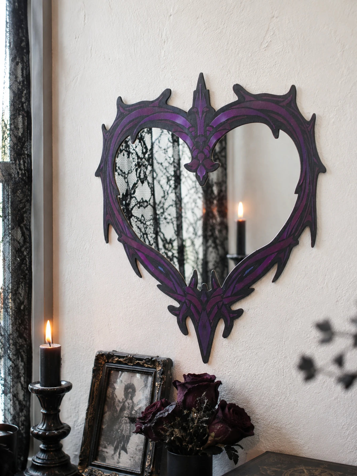 Purple Gothic Barbed Wire Heart Wall Mirror Witchy
