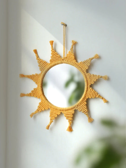 Handmade Yellow Sun Wall Mirror Boho Macrame Wall