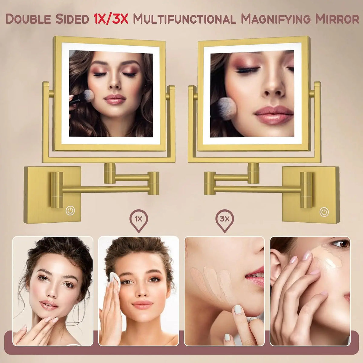 Square Touch Led Folding Bathroom Mirror 3x Magnifying