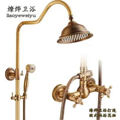 Antique Brass Shower Faucet 8-Inch Rainfall Dual Handle