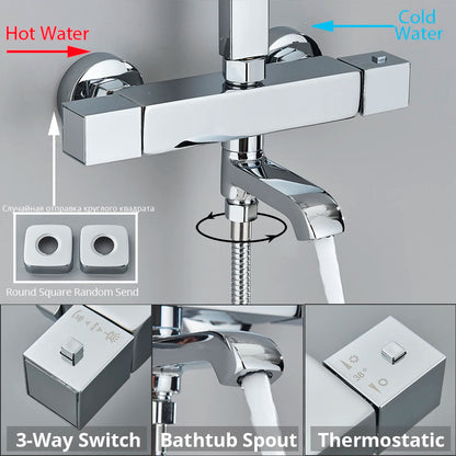 Bathroom Thermostatic Shower Faucet Rainfall Head Wall Mounted