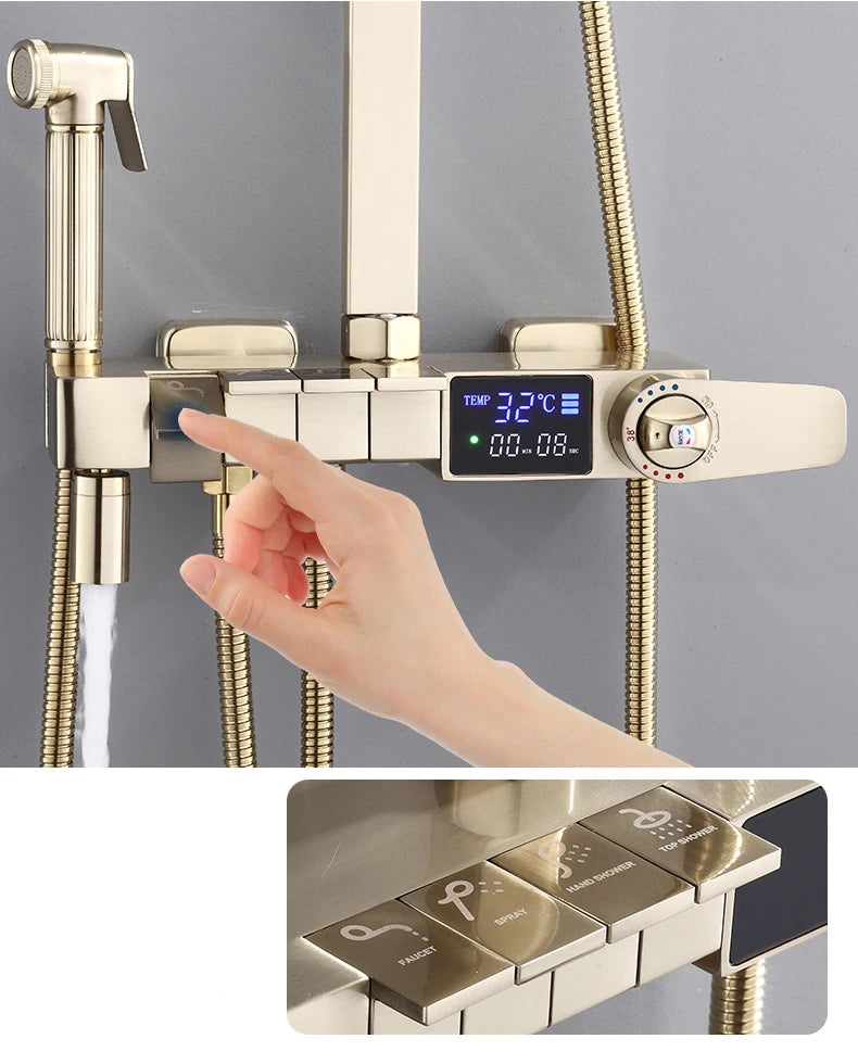Brushed Gold Piano Digital Shower System Cold Brass