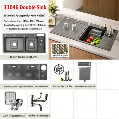 Stainless Steel Waterfall Sink Embossed Hidden Cup Washer