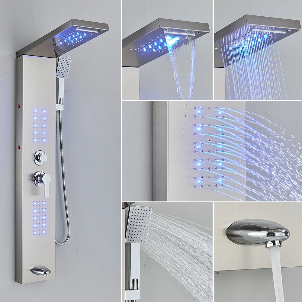 Black/Brushed Bathroom Shower Faucet Led Rainfall Head Shower