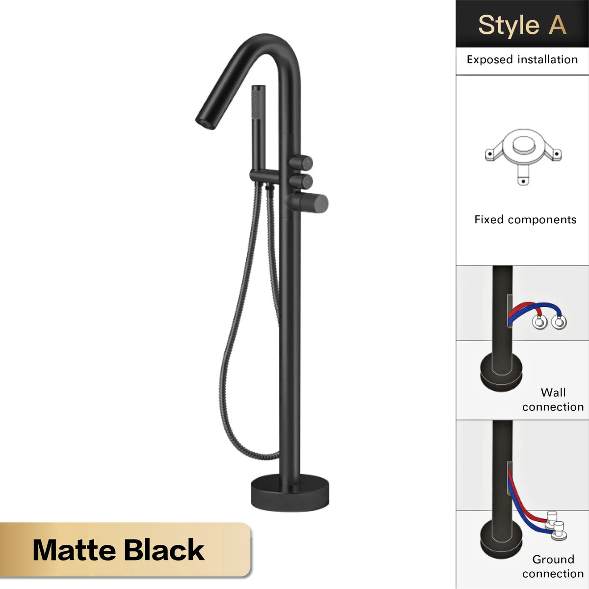 Aitna Gold Brass Luxury Bathroom Faucet Floor Standing