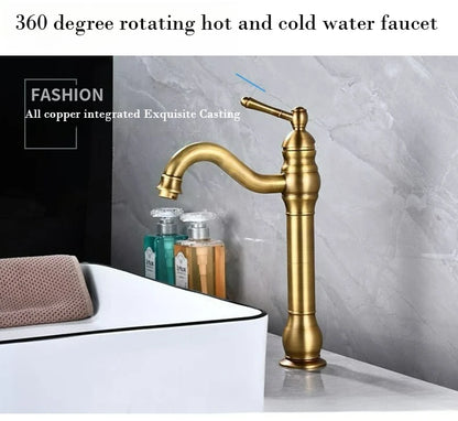 Antique Brass Basin Faucet 360 Rotation Handle Deck