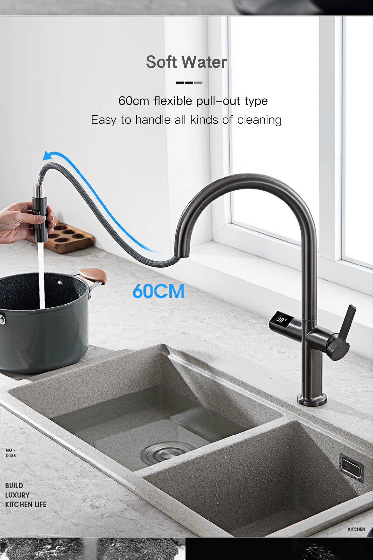 Light Luxury Gun Gray Brass Faucet Digital Display