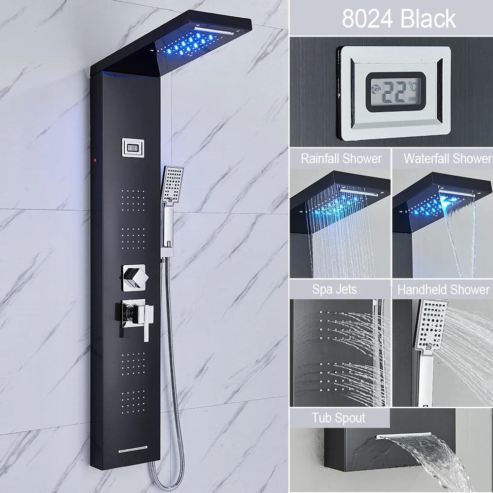 Black Led Shower Panel Waterfall Rain Shower Faucet