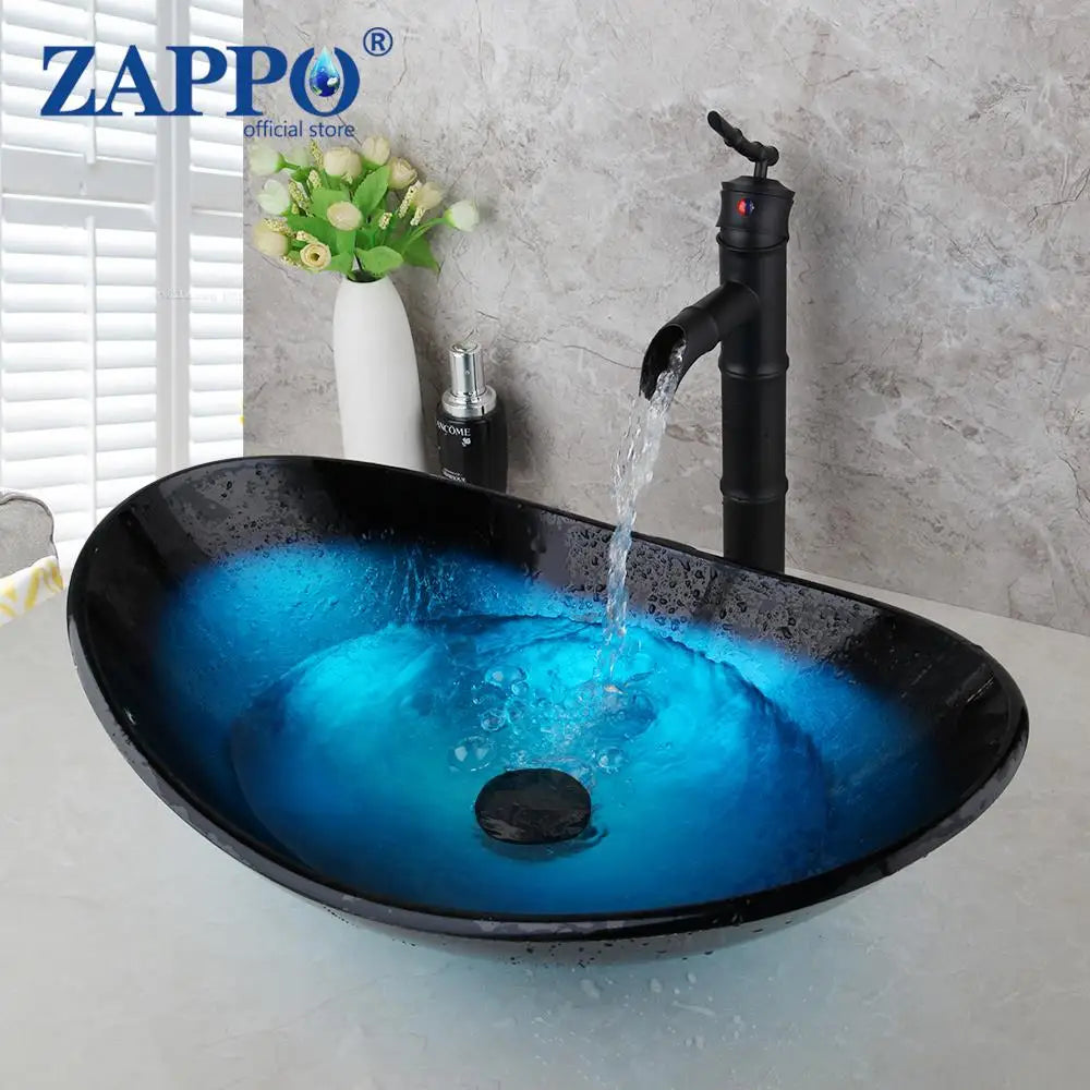 Zappo Tempered Glass Bathroom Vessel Sink Waterfall Black