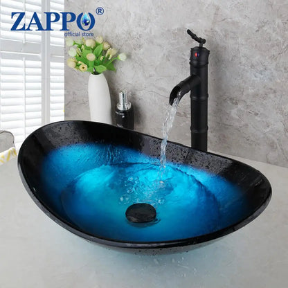 Zappo Tempered Glass Bathroom Vessel Sink Waterfall Black