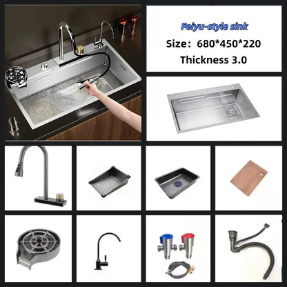 Stainless Steel Sink Waterfall-Style Pull-Out Faucet Large