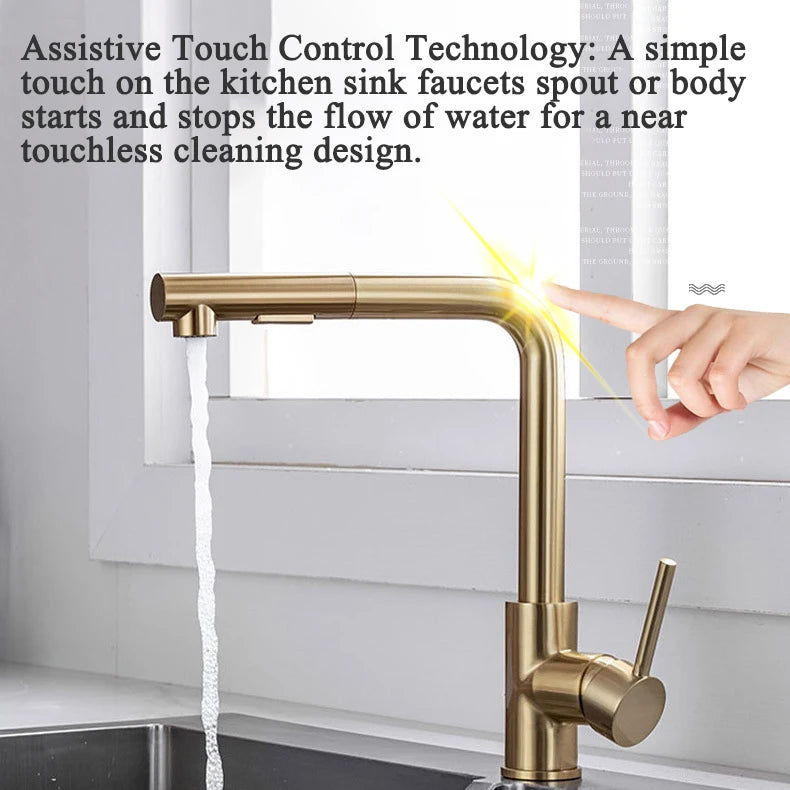 Brushed Gold Touch Sink Faucets Cold Pull Out