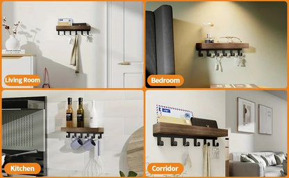 Rustic Wooden Floating Shelf Hooks Shower Caddy Key