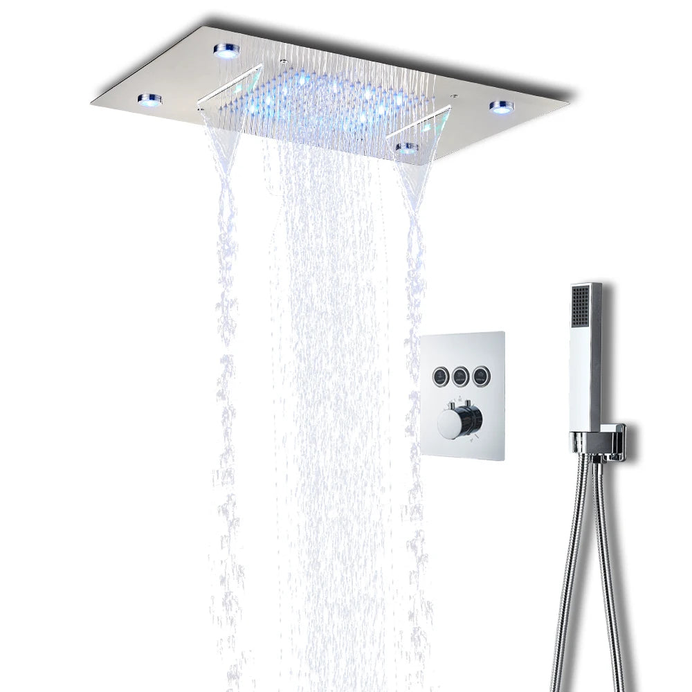 Black Led Thermostatic Bathroom Shower Faucet Rain Waterfall