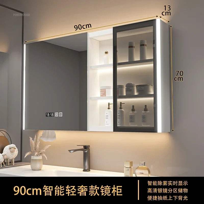 Modern Solid Wood Smart Bathroom Mirror Cabinet Light