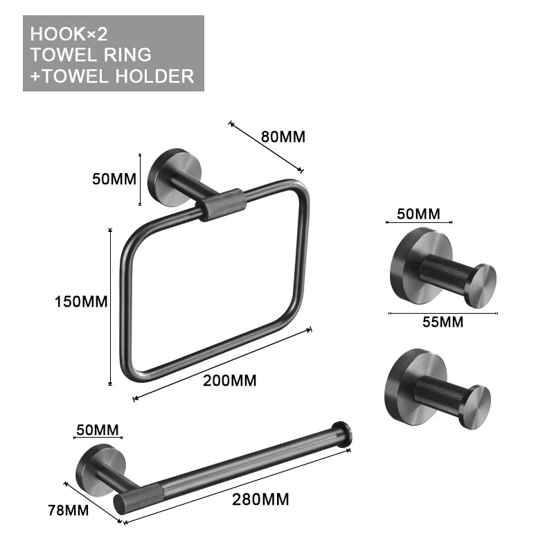 Grey Bathroom Hardware Kit Stainless Steel Round Wall