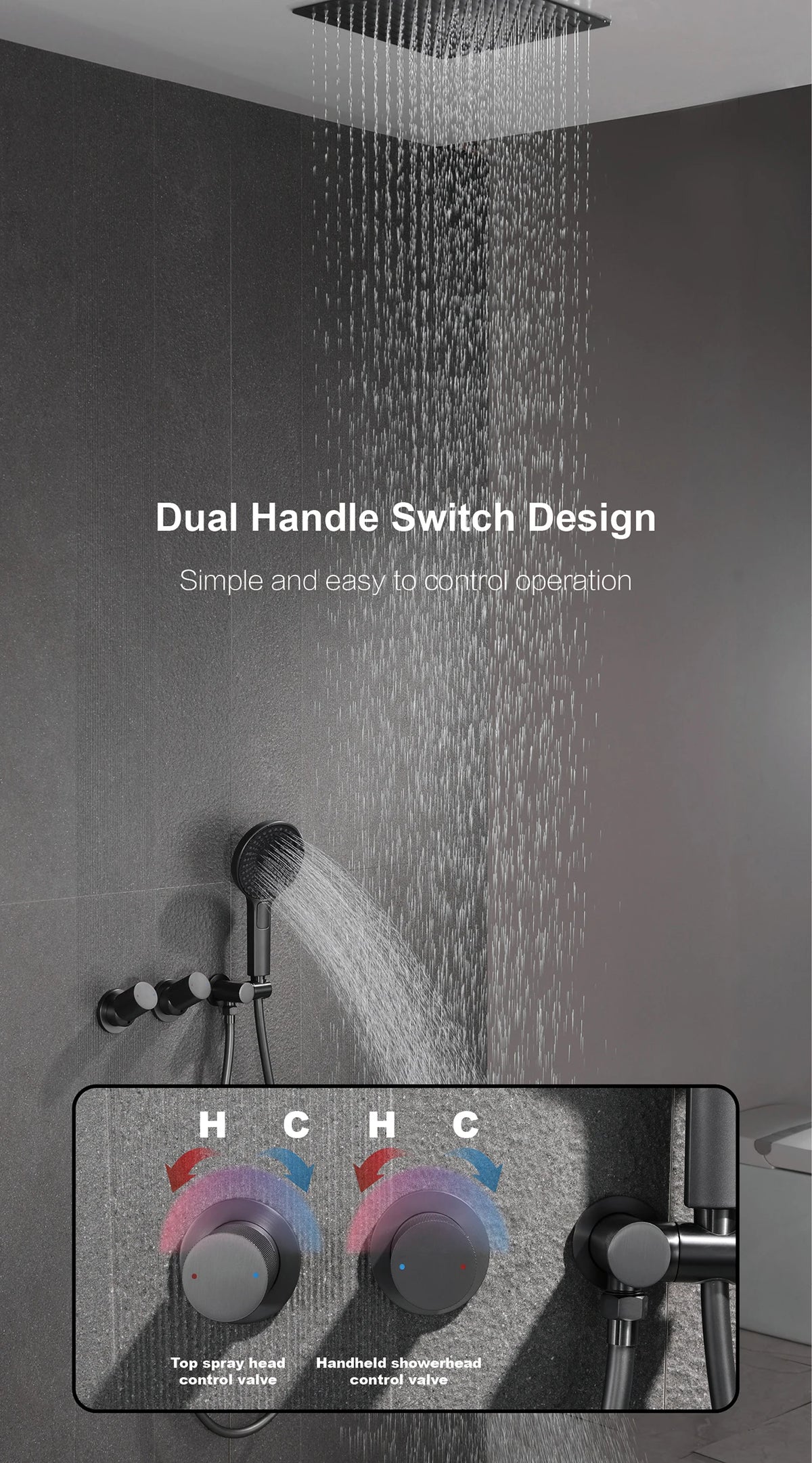 Aitana Minimalist Gun Grey Brass Ceiling Shower System