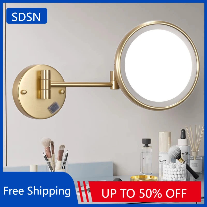 Brushed Gold Led Folding Bathroom Mirror Wall Mounted