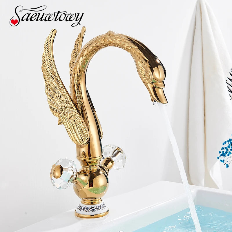 Golden Luxury Swan Basin Faucet Deck Mounted Bathroom