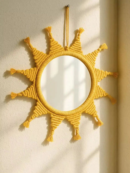 Handmade Yellow Sun Wall Mirror Boho Macrame Wall