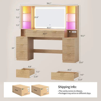 Hauoms Big Vanity Fluted Wood Makeup Vanity Desk