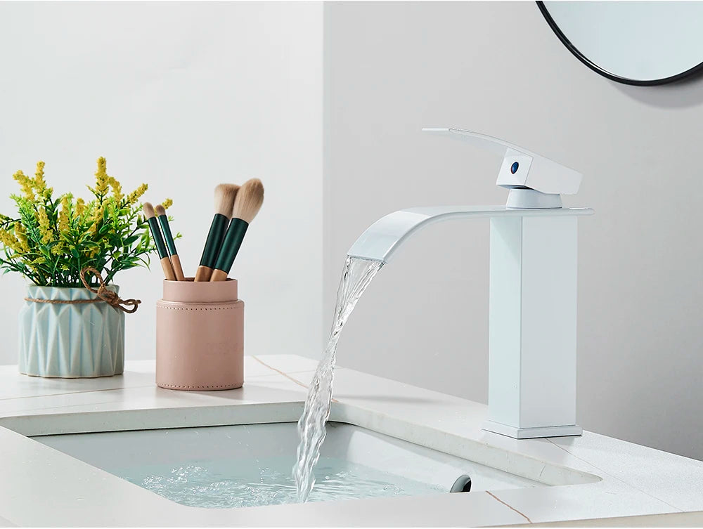 Brushed Golden Basin Faucets Elegant Waterfall Bathroom Sink