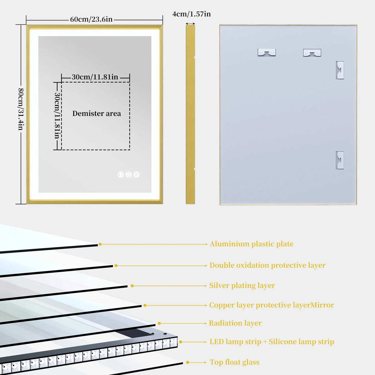 Luvodi Illuminated Bathroom Mirror Gold Frame Wall Mounted