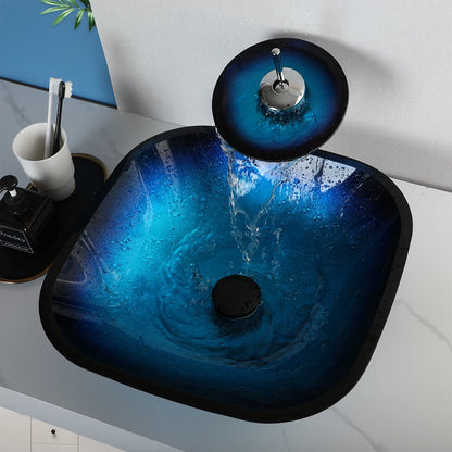 Zappo Tempered Glass Bathroom Vessel Sink Waterfall Black