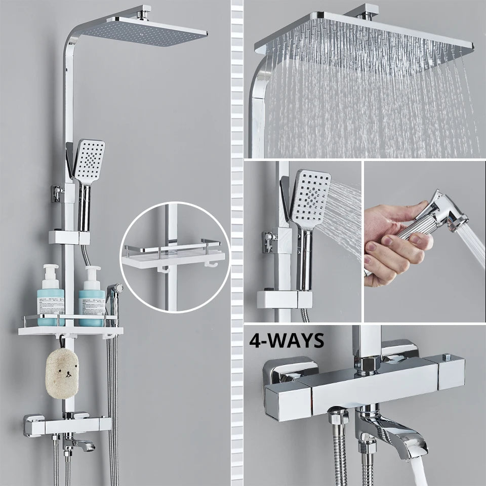 Bathroom Thermostatic Shower Faucet Rainfall Head Wall Mounted