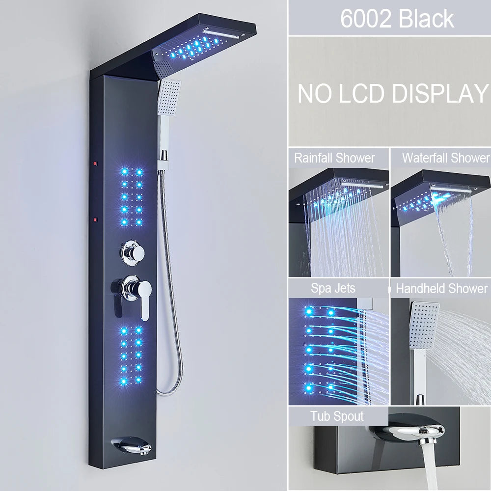Black Led Shower Panel Waterfall Rain Shower Faucet