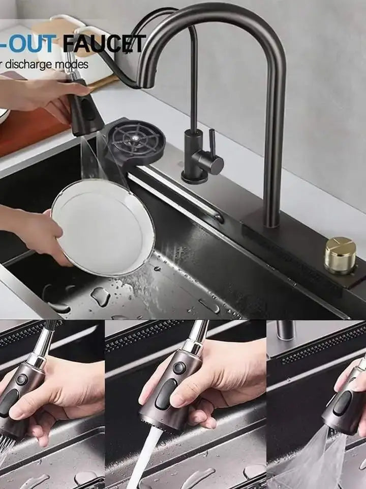 Stainless Steel Sink Waterfall-Style Pull-Out Faucet Large