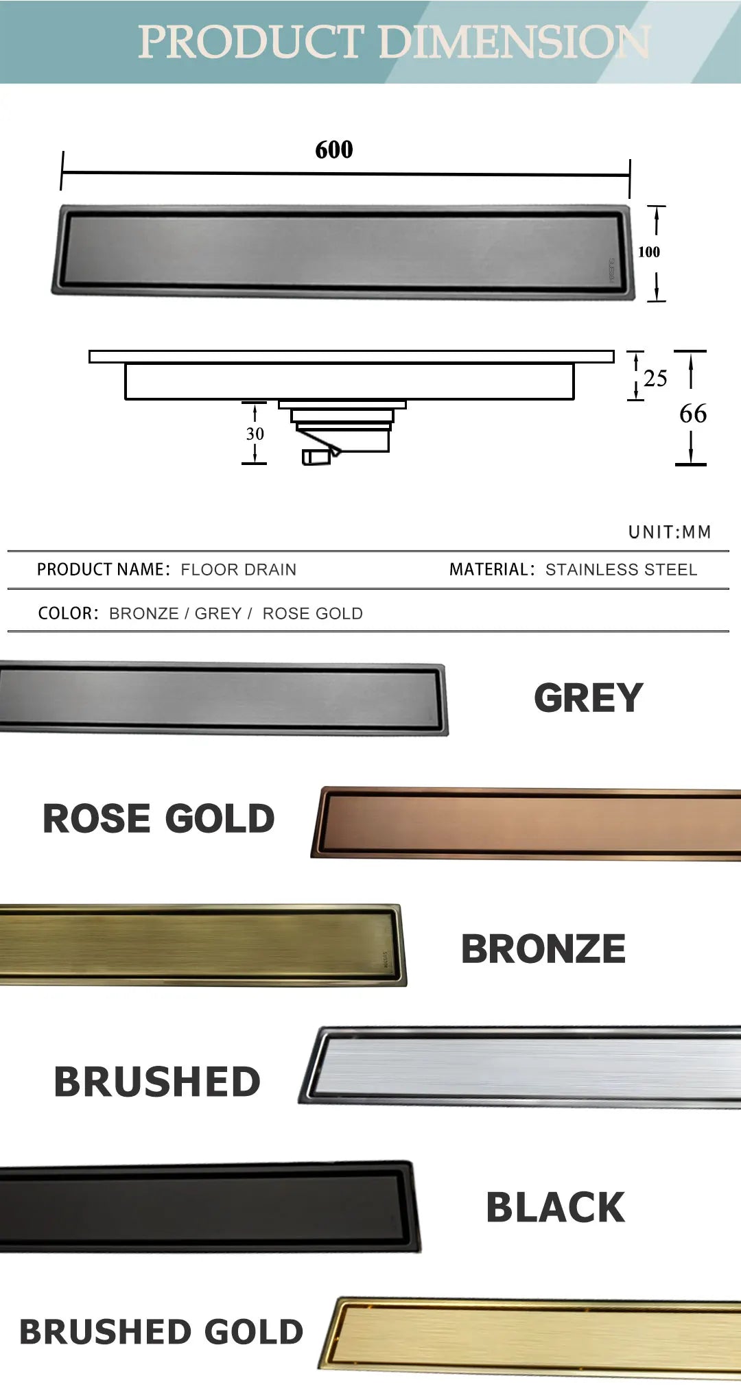 304 Stainless Steel Bathroom Drain Brushed Rose Gold