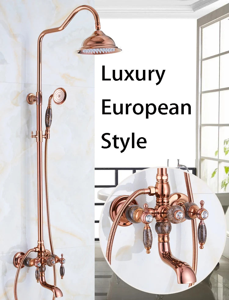 Brass Jade Shower Faucet Wall Mount Rose Gold