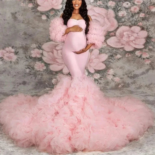 Stretch Pink Mermaid Maternity Dresses Photoshoot Puffy Sleeves