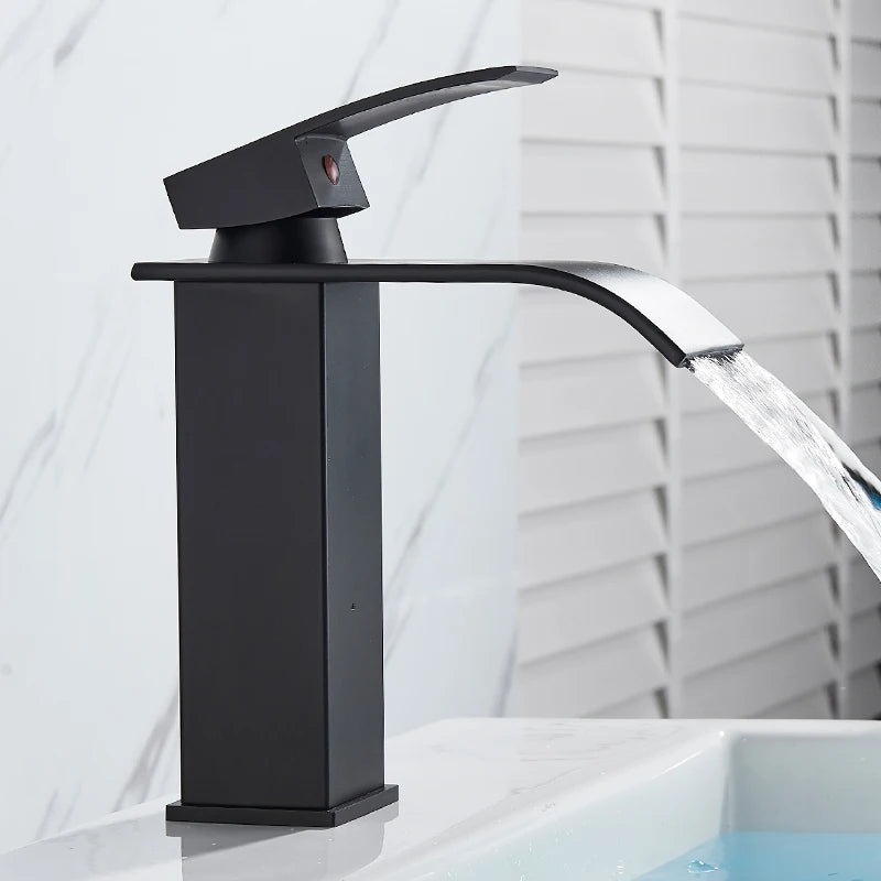 Handle Waterfall Matte Black Bathroom Basin Faucet Waterfall