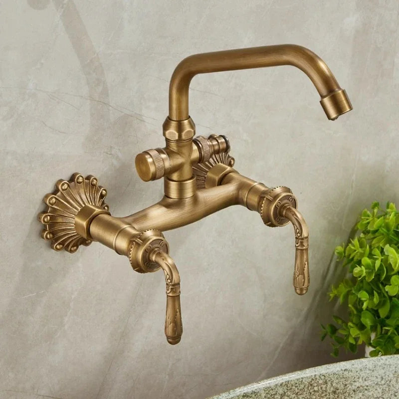 Brass Antique Wall Mounted Washbasin Faucets Double Handle