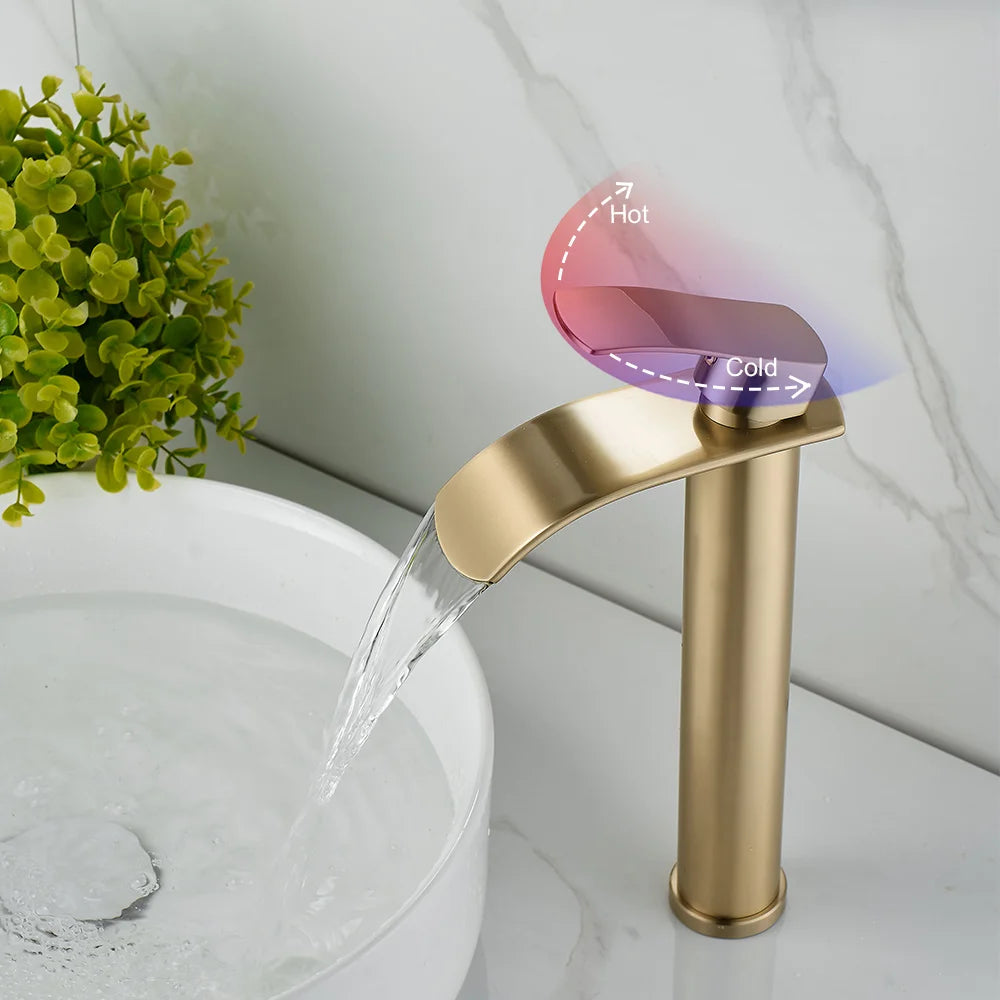 Tall Short Brass Waterfall Faucet Bathroom Sink Faucet