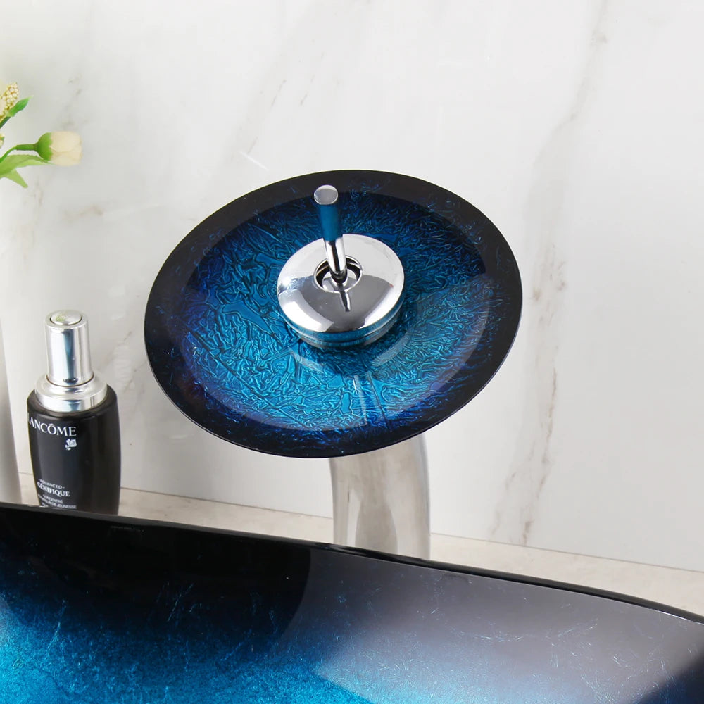 Kemaidi Oval Blue Bathroom Vessel Sinks Faucet Vessel