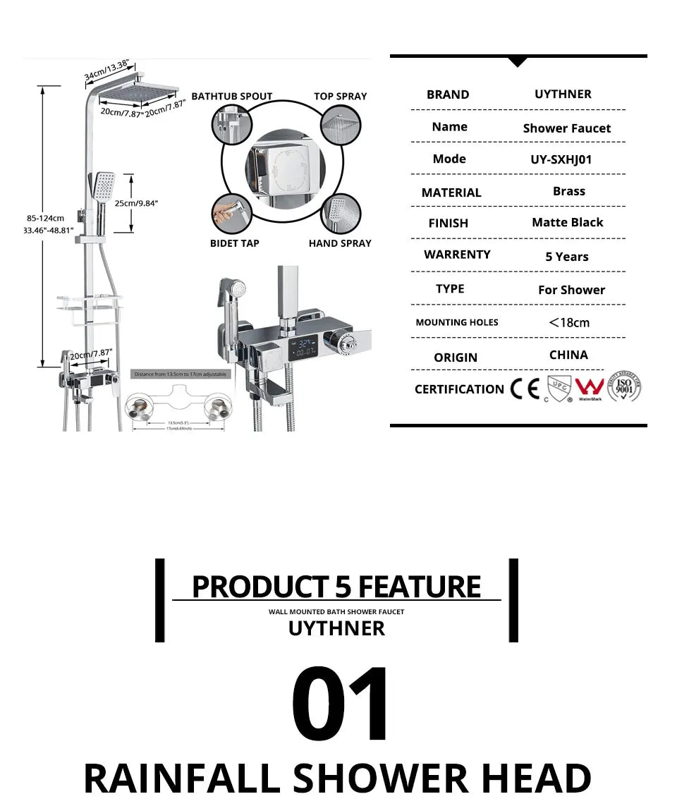 Bath Thermostatic Digital Display Shower Faucet Rain Shower
