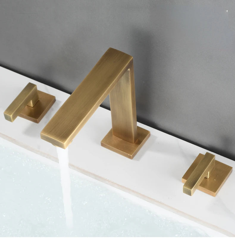 Brushed Gold Basin Faucet Solid Brass Three Hole