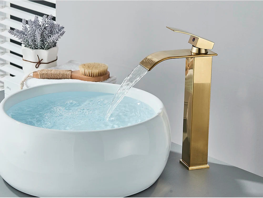 Brushed Golden Basin Faucets Elegant Waterfall Bathroom Sink